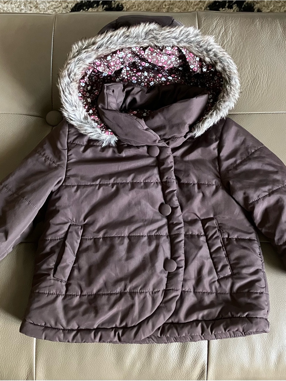 Joe Fresh Girls' Hooded Puffer Jacket in Plum with Faux-Fur Trim
